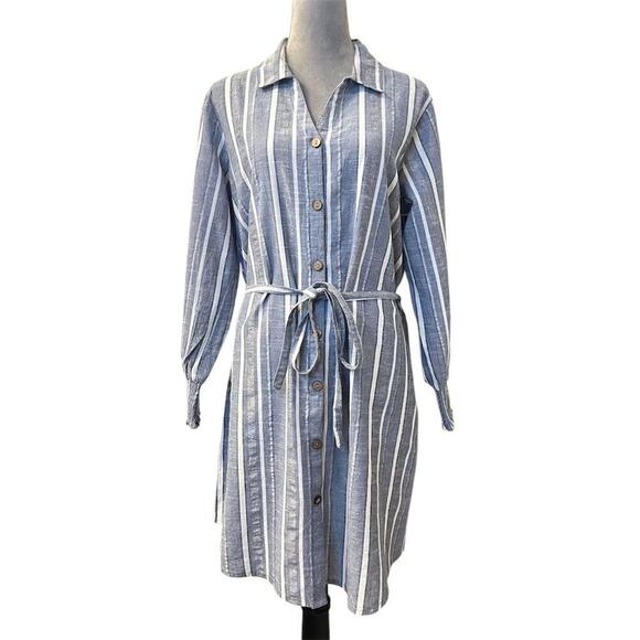 Mlle Gabrielle Blue Striped Belted Button Up Shirt Dress Coastal Minimalist - Picture 2 of 12